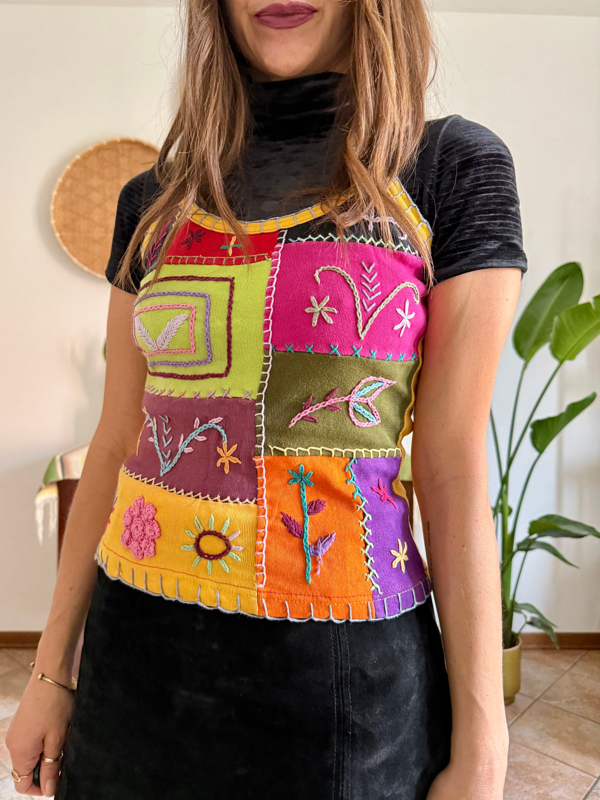 1990’s vintage multicolour patches or embroidered spaghetti strap top