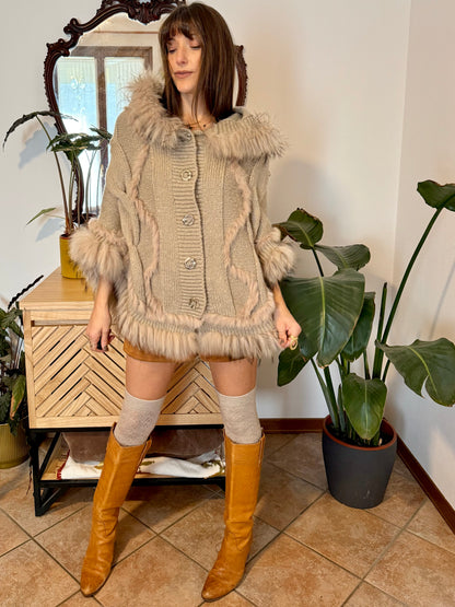 1970's vintage beige knit mohair poncho with fur trimming