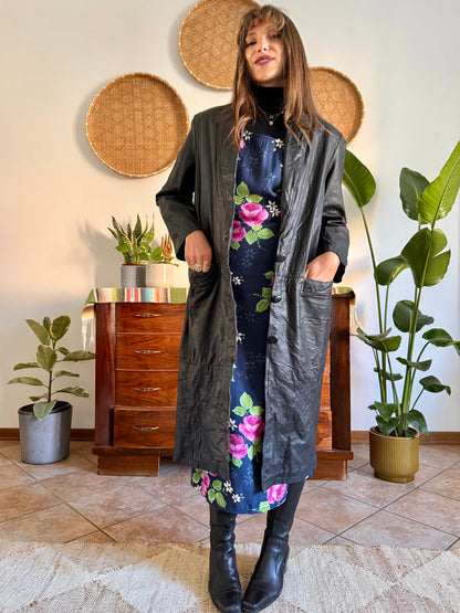 1990’s vintage butter soft black leather trench coat with lapel detail