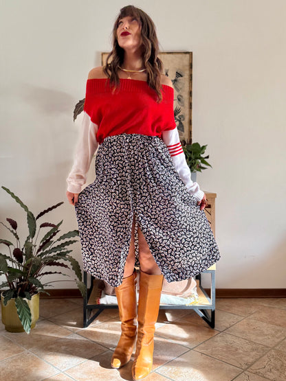 1970’s vintage navy blue and white silk blend midi skirt with hat print