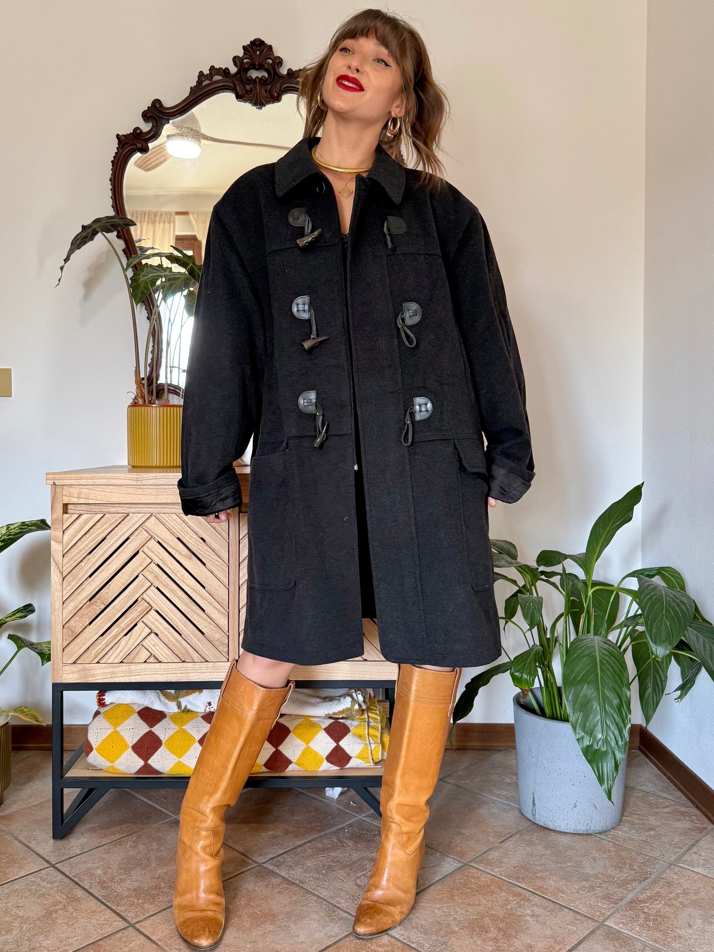 1970’s vintage charcoal grey cashmere and wool coat with toggle details