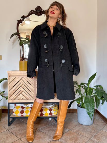 1970’s vintage charcoal grey cashmere and wool coat with toggle details