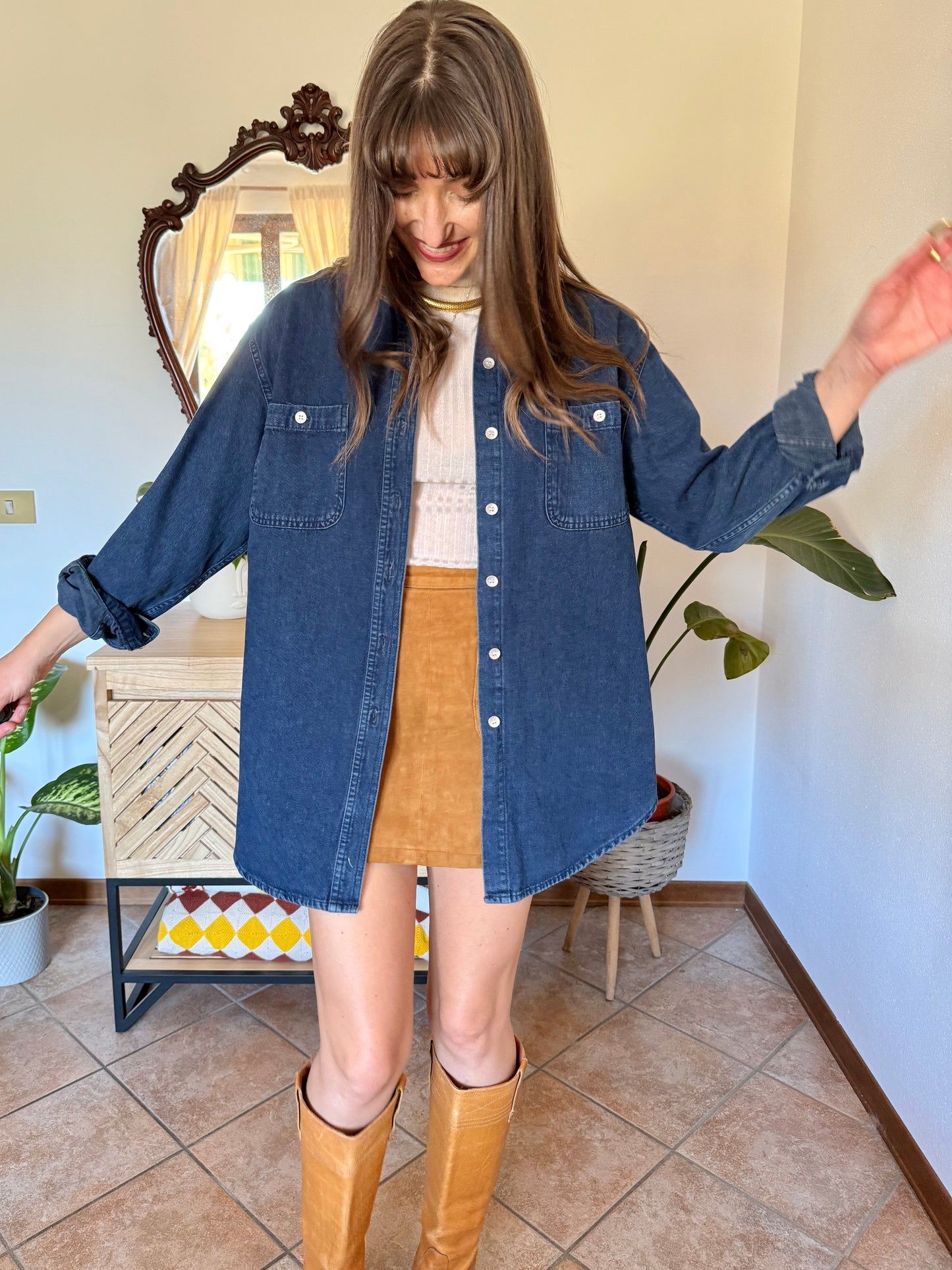 1990’s vintage thick dark denim shirt with metallic buttons
