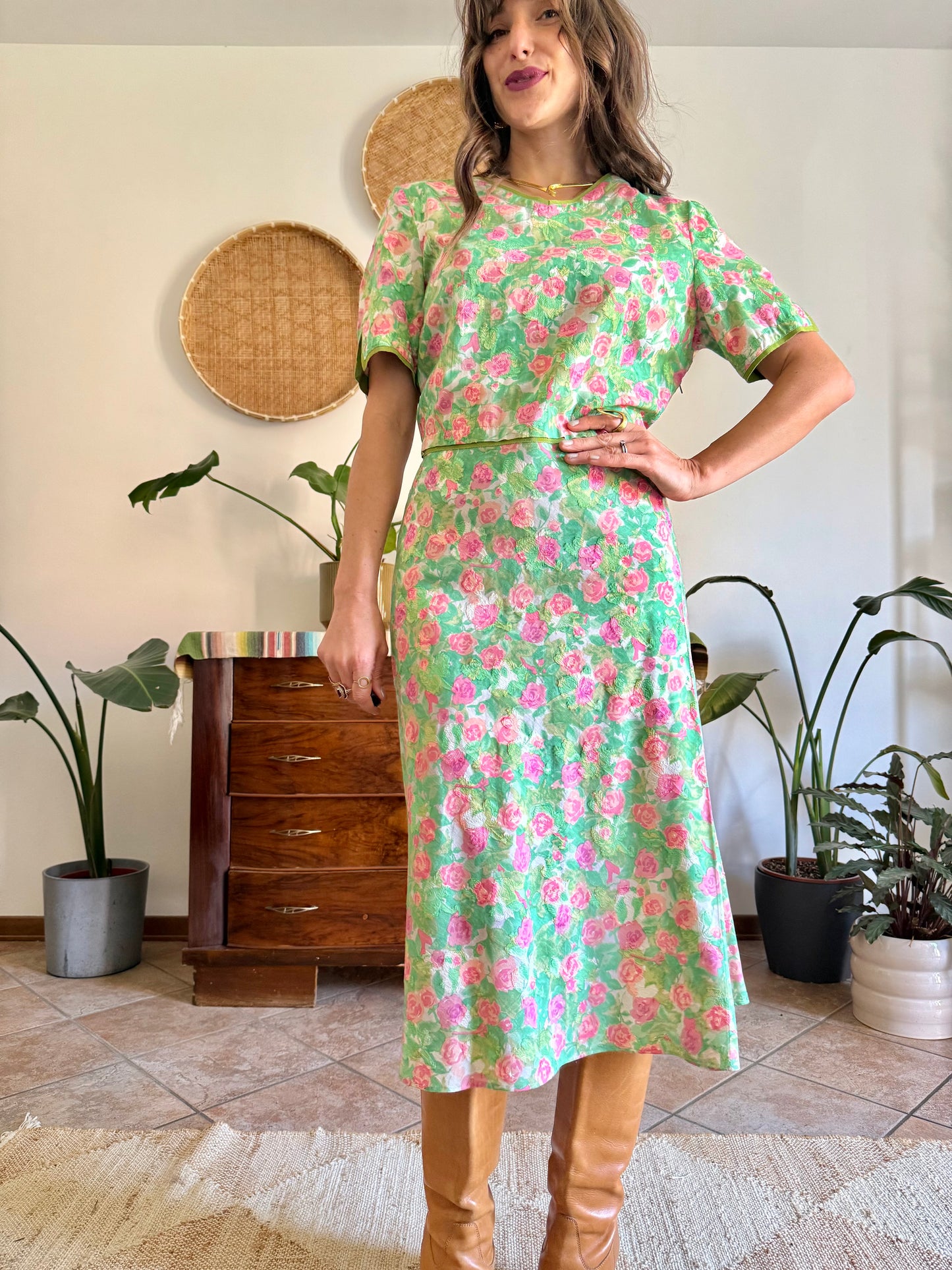 1960’s vintage semi sheer green, pink and white textured floral print midi dress