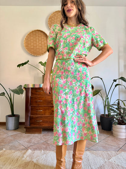 1960’s vintage semi sheer green, pink and white textured floral print midi dress