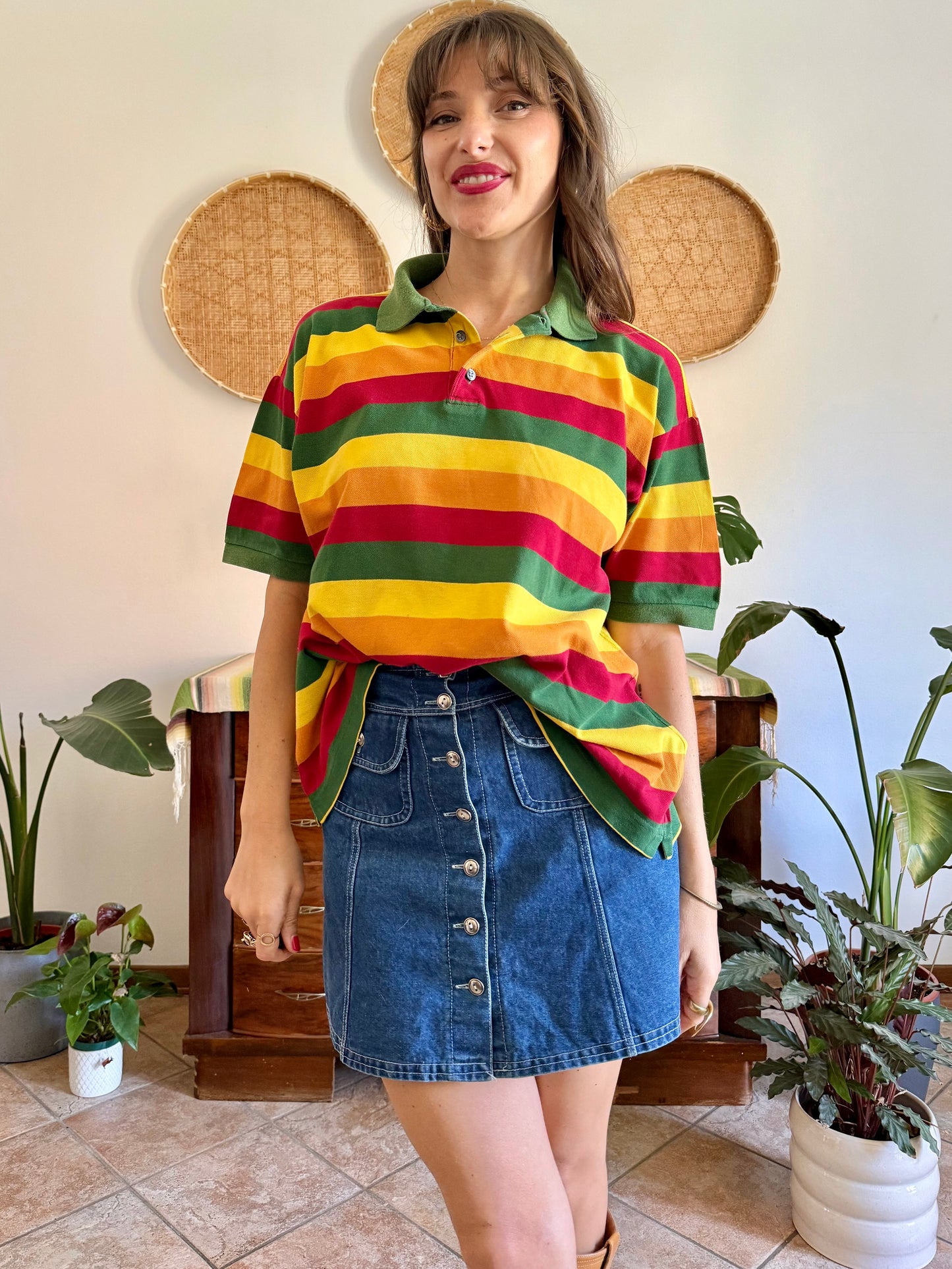 1990’s vintage red, yellow and green stripe polo