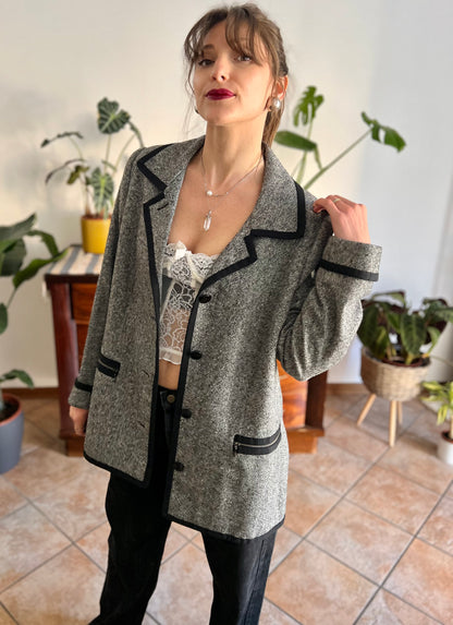 1990's vintage grey tweed oversize blazer with black trim