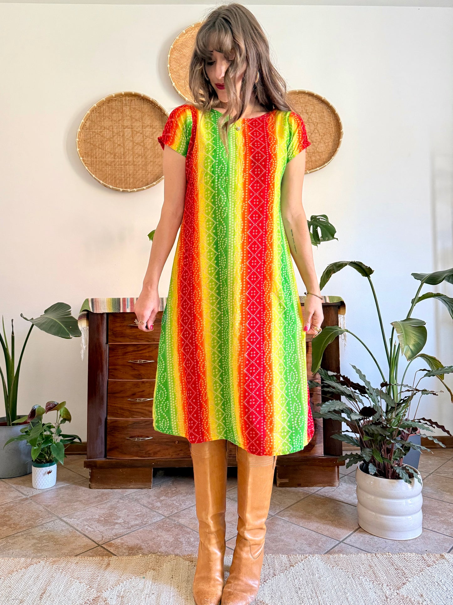 1970’s vintage multicolour tie die effect midi dress