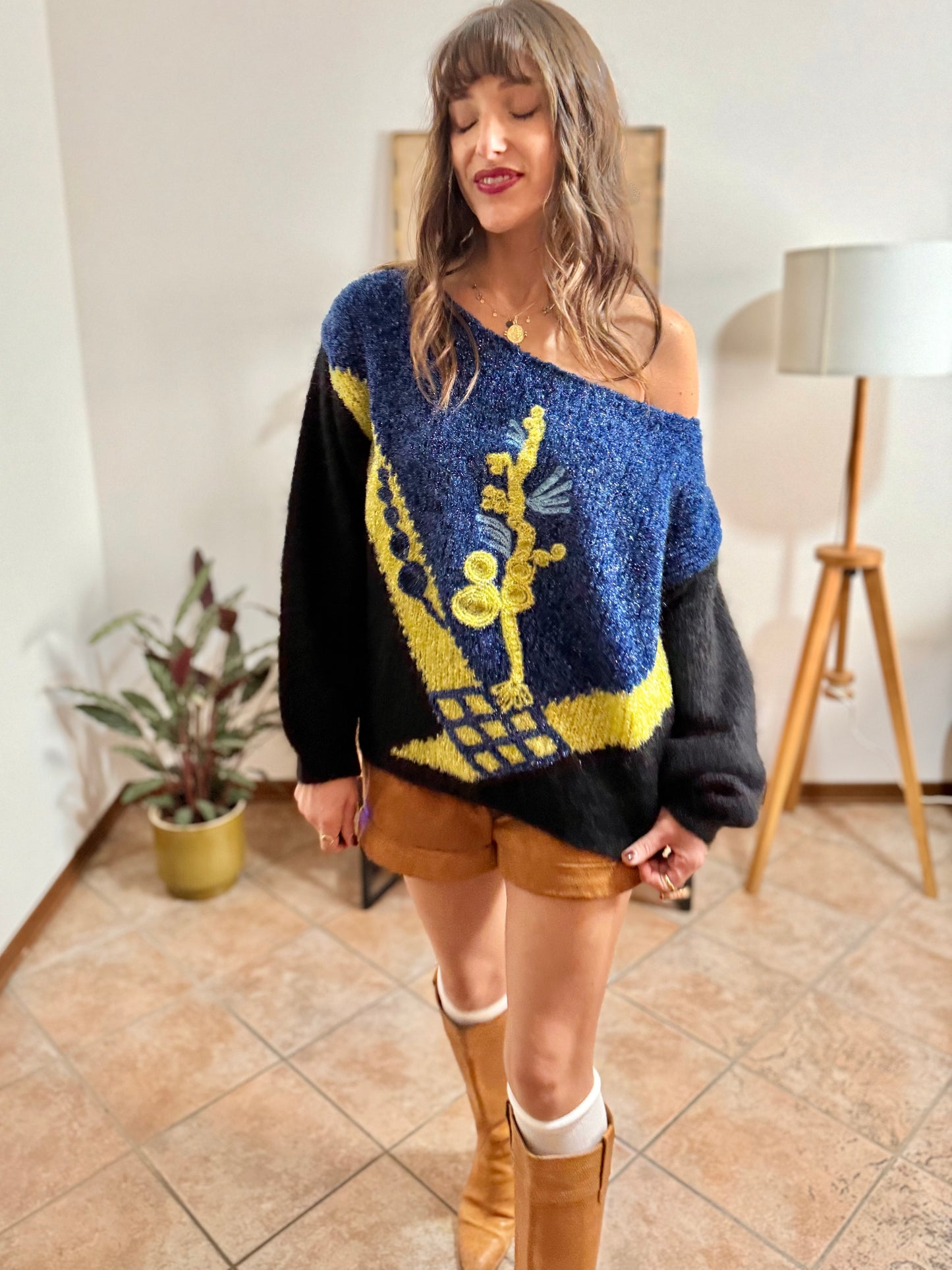 1980’s vintage blue, black and citron textured metallic pullover