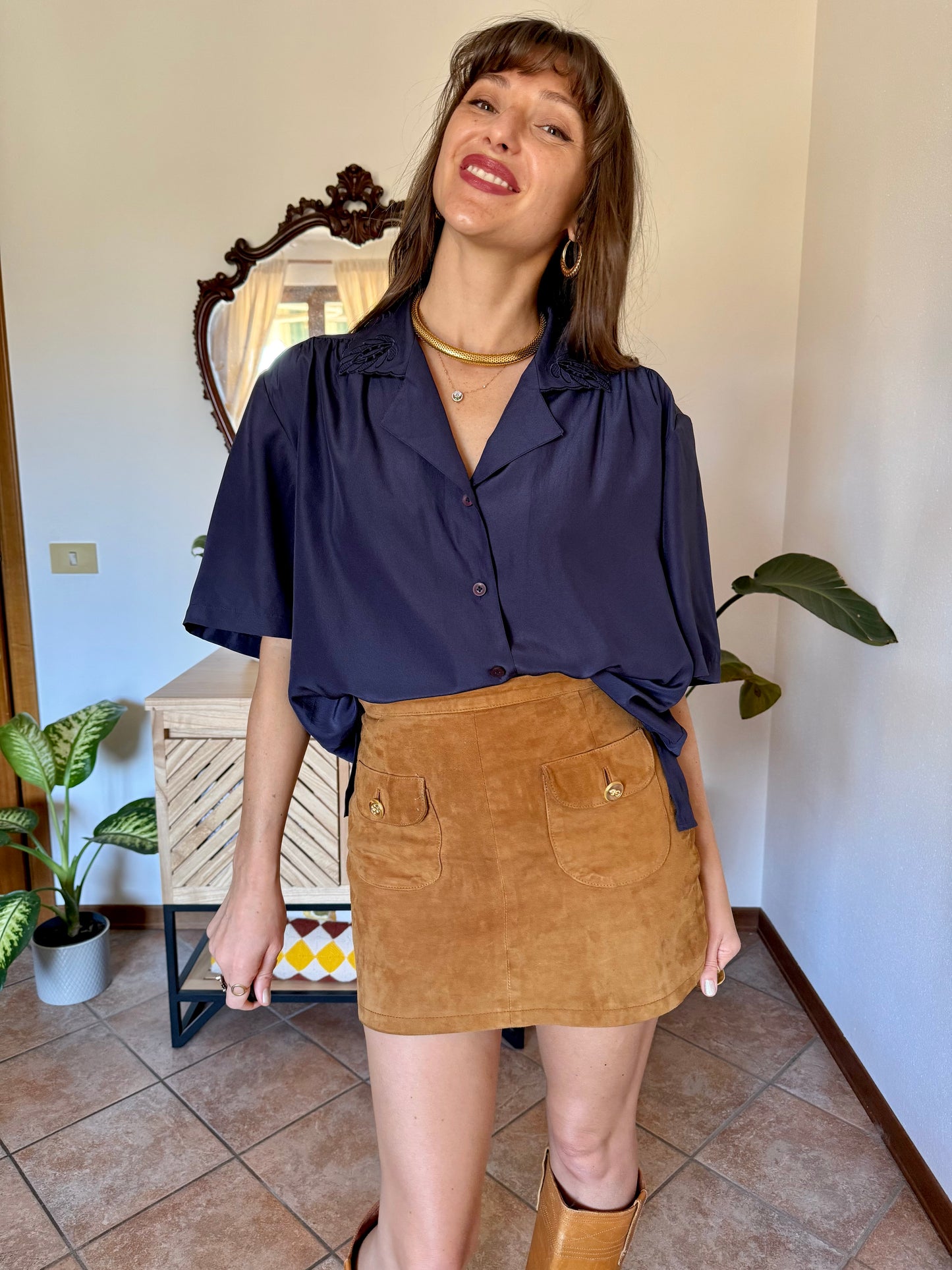 1970’s vintage navy blue blouse with floral embroidered collar