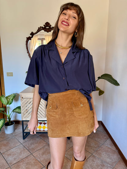 1970’s vintage navy blue blouse with floral embroidered collar