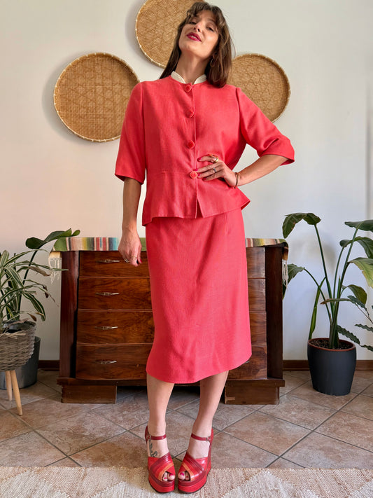 1960's vintage coral woven cotton tailored skirt and blazer set
