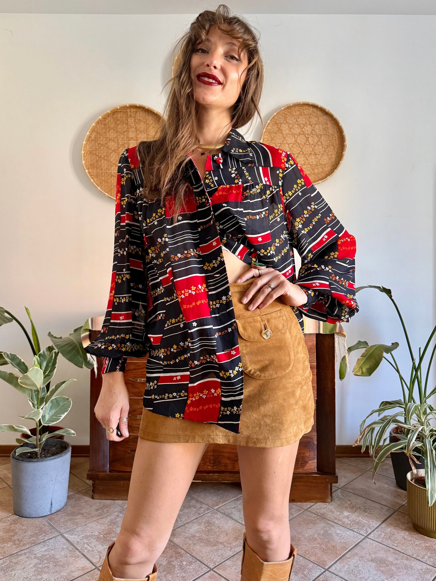 1970's vintage black, red and yellow stripe and floral print blouse