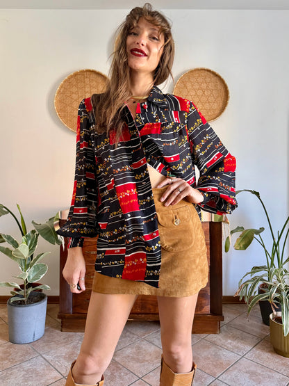 1970's vintage black, red and yellow stripe and floral print blouse