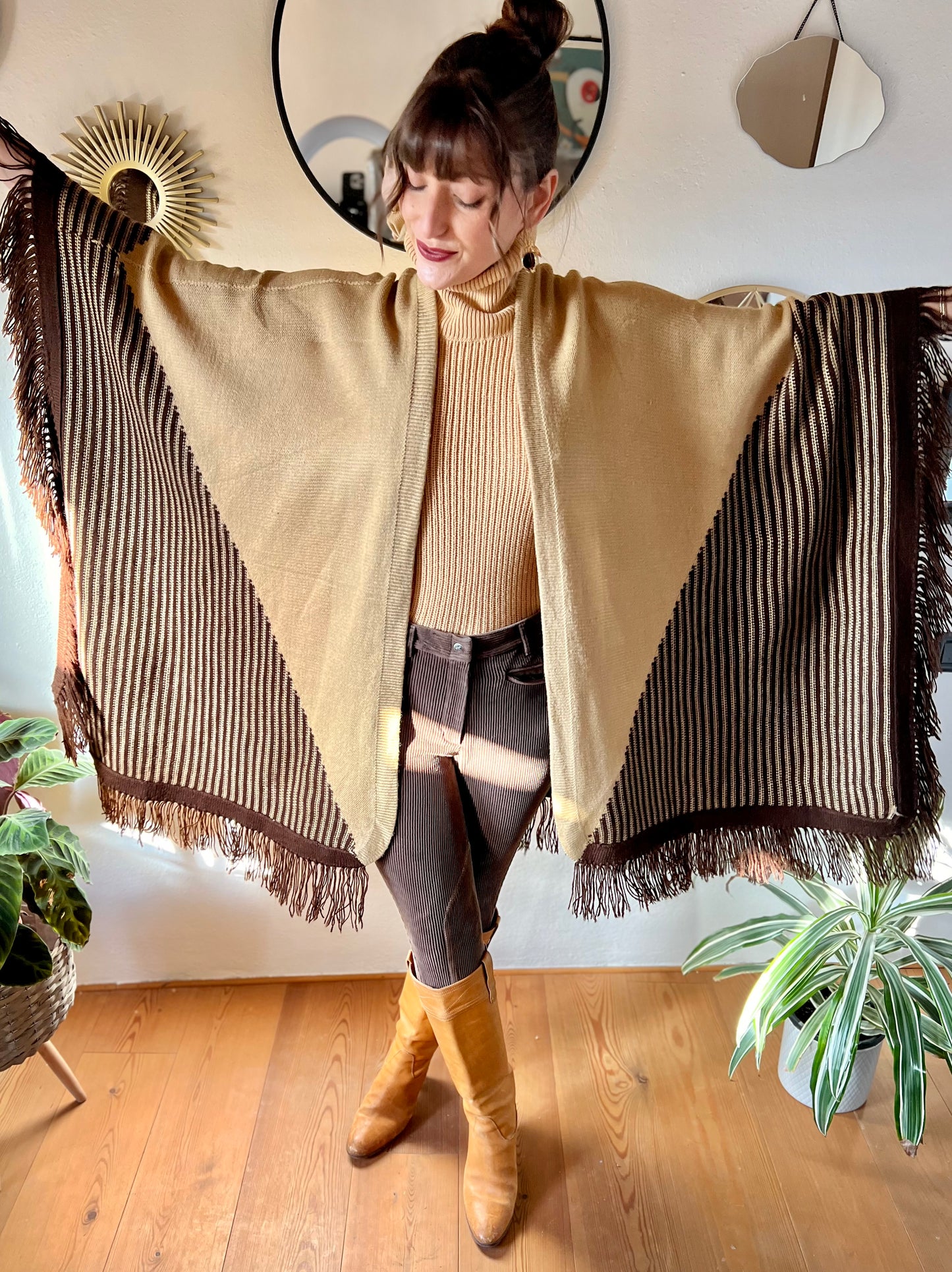 1970's vintage hand knit tan and chocolate brown geometric knit poncho with fringe detail