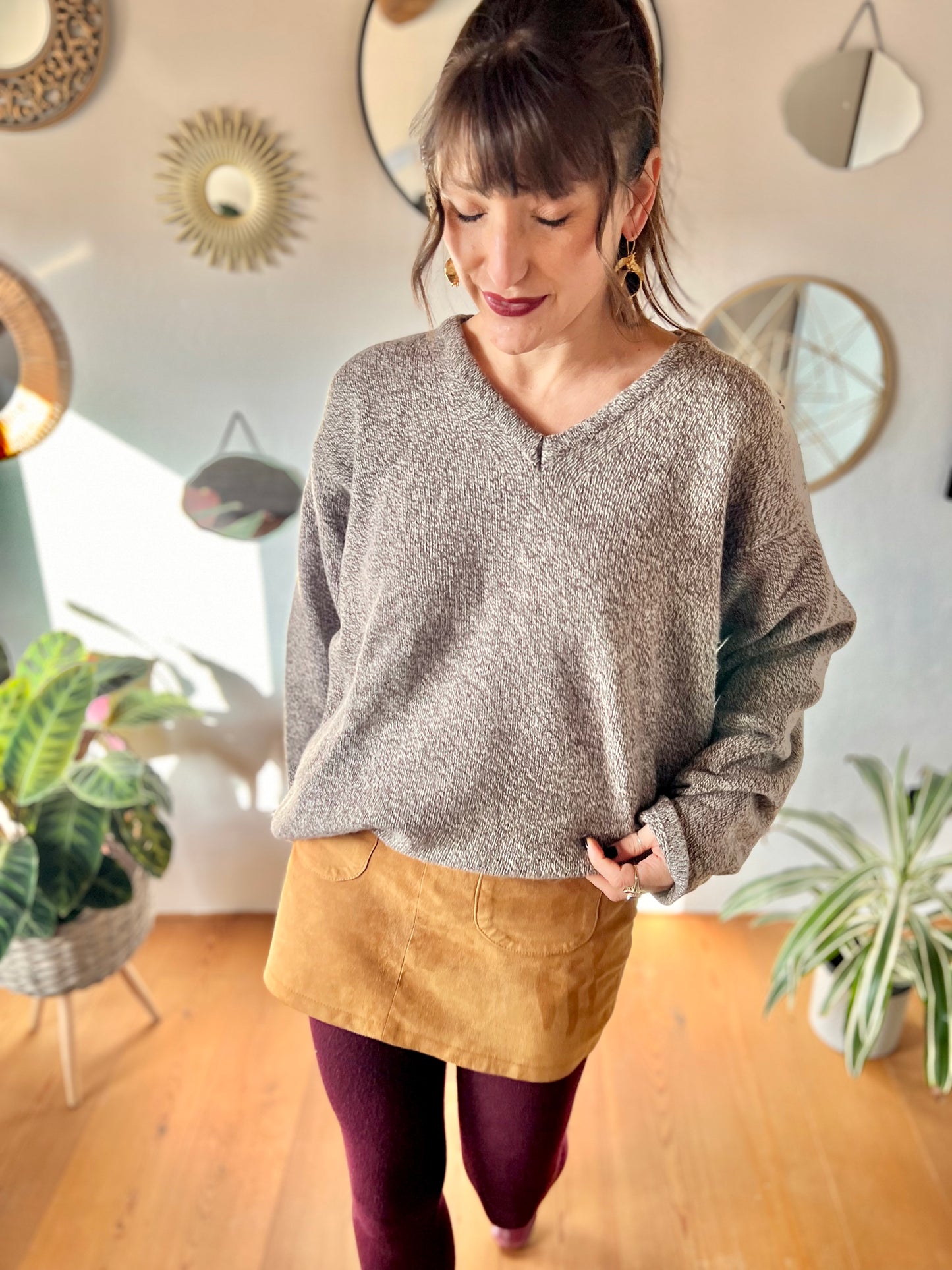 1990's vintage chocolate brown and cream speckled knit wool pullover