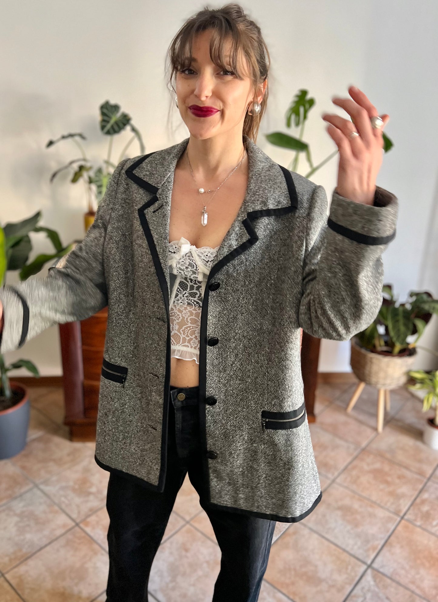 1990's vintage grey tweed oversize blazer with black trim