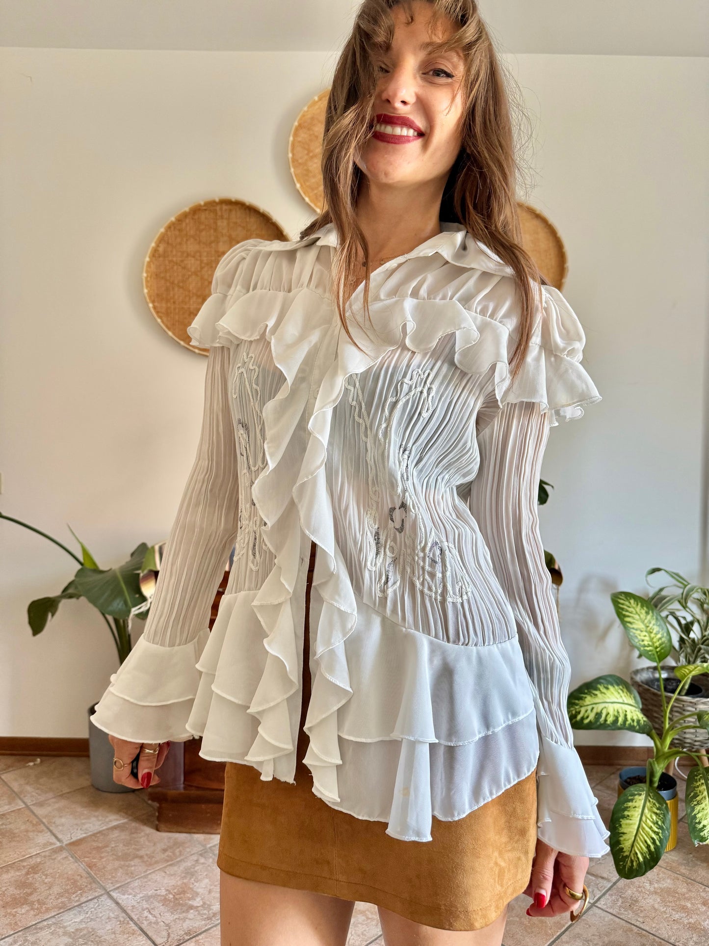 1990’s vintage sheer white silk blend textured ruffle blouse with bell sleeves and floral embroider