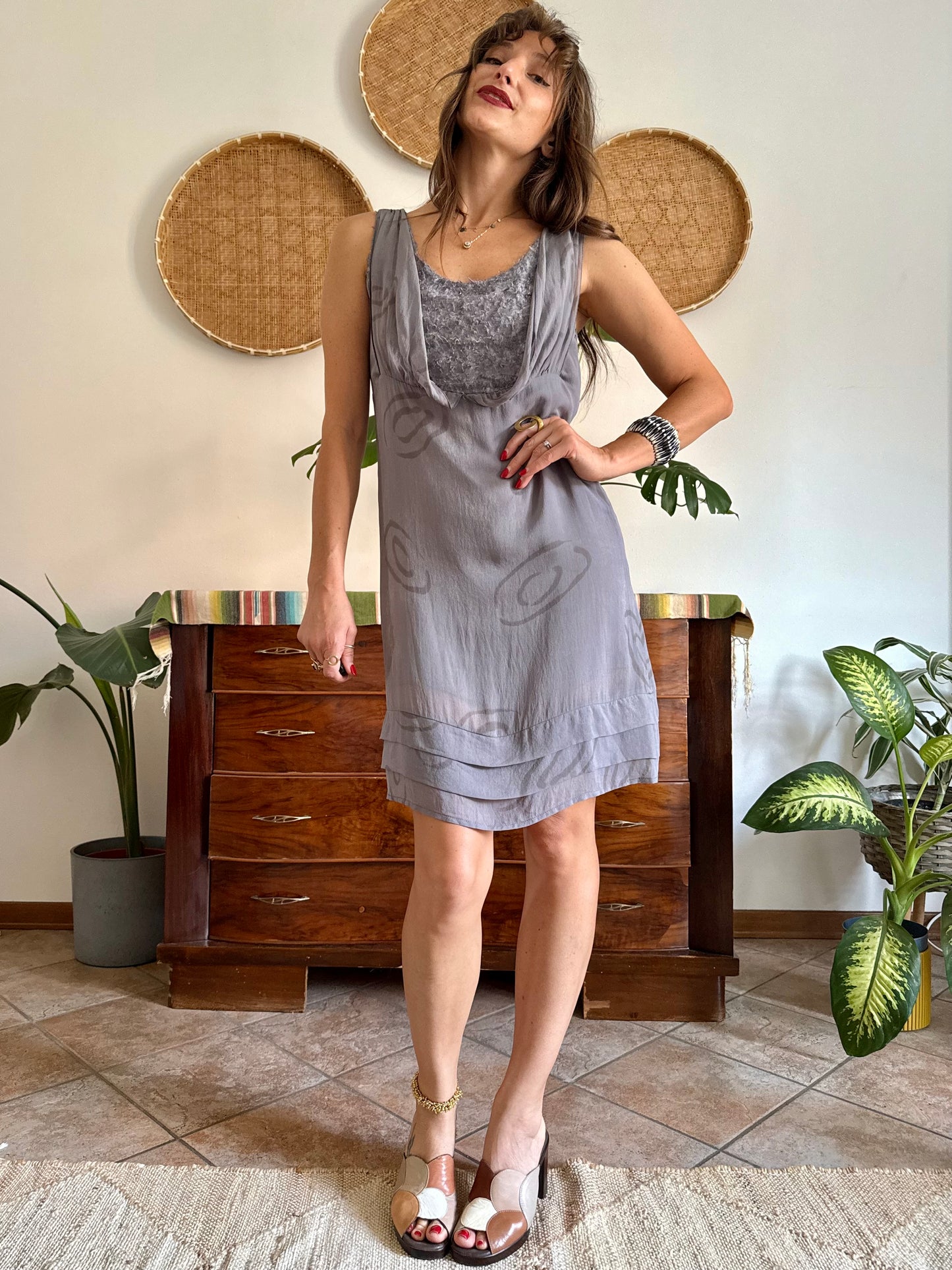 1990’s vintage grey silk mini slip dress with geometric pattern and silver textured details