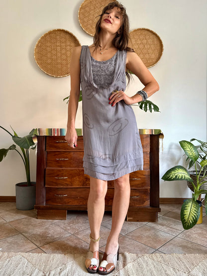 1990’s vintage grey silk mini slip dress with geometric pattern and silver textured details