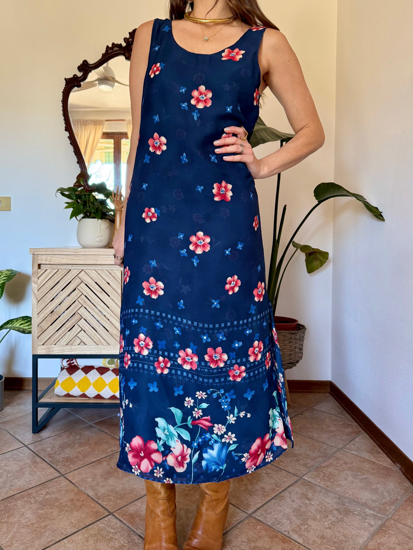 1990's vintage reversible navy blue floral print maxi dress