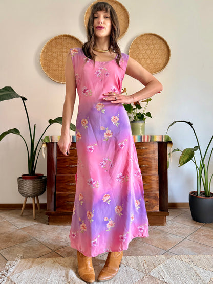 Y2K vintage lilac and pink semi sheer floral maxi dress