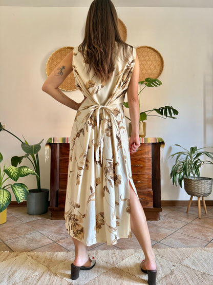 1990's vintage beige floral maxi dress with chocolate brown floral print