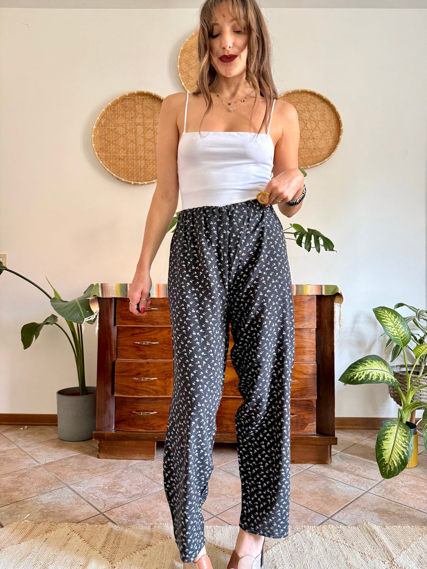 1970’s vintage black wide leg trousers with micro white floral embroidery