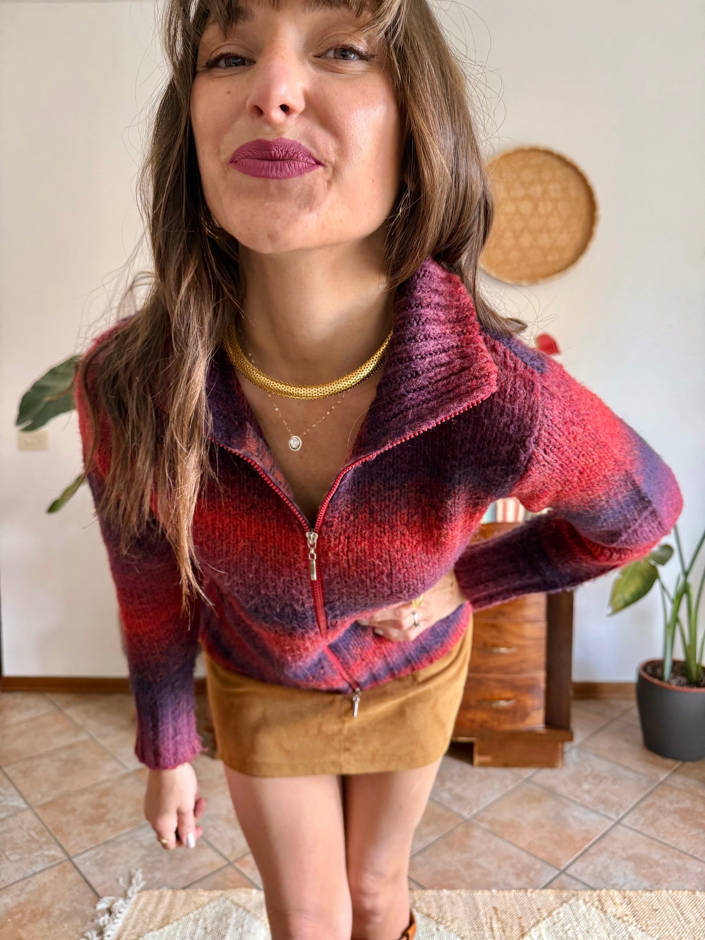 1990’s vintage purple and fucsia double zip mock neck wool cardigan