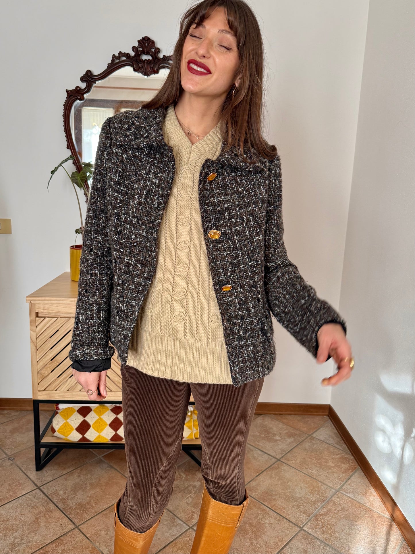 1990’s vintage black, khaki and cream boucle wool with gold and yellow glass buttons
