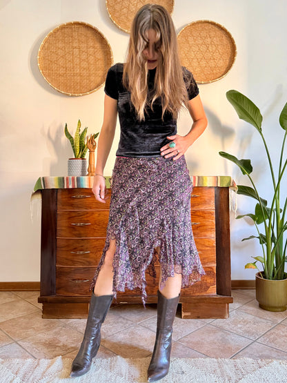Y2K vintage asymmetrical hem silk paisley print skirt
