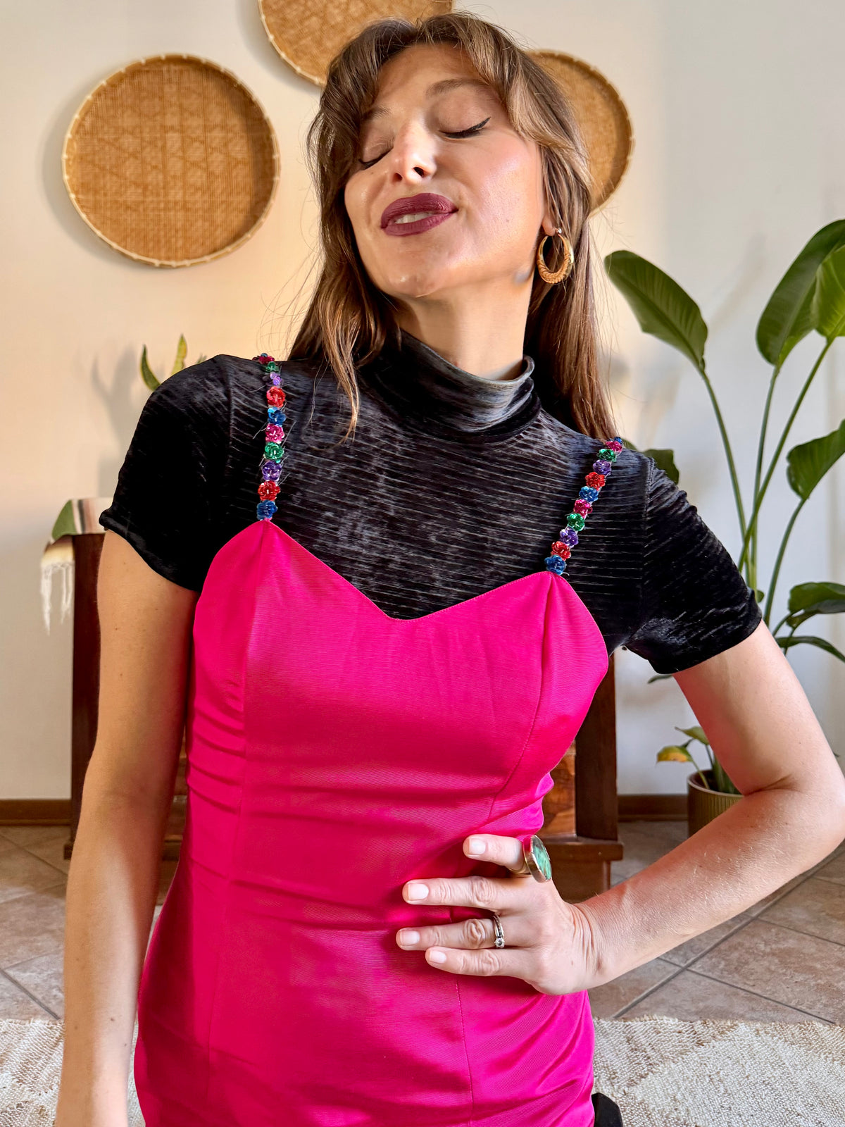 1990’s vintage fuchsia woven satin mini dress whit floral strap details