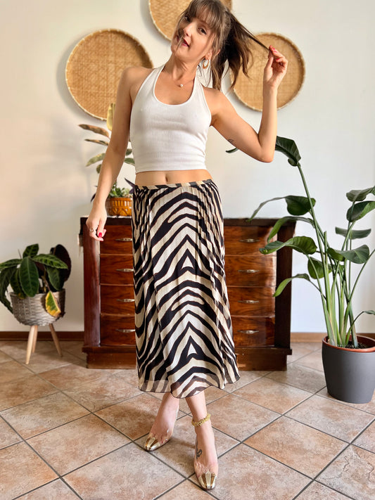 1990's vintage zebra print low waisted silk midi skirt