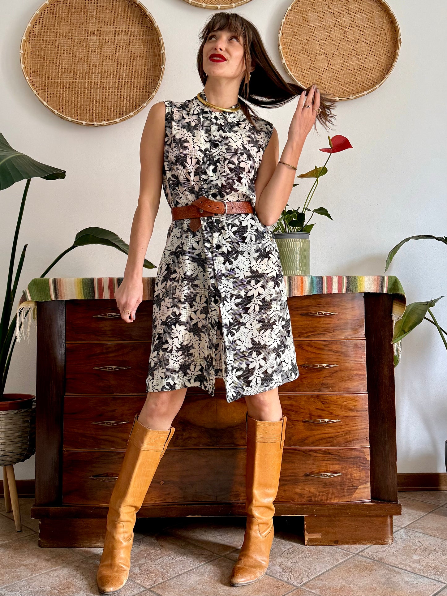 1970’s vintage semi sheer black and white floral print midi dress