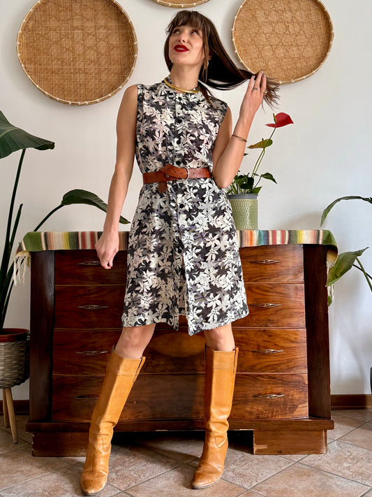 1970’s vintage semi sheer black and white floral print midi dress