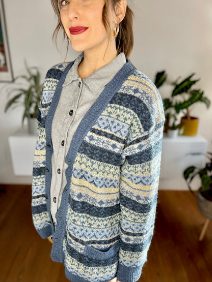 1970's vintage oversize blue and cream stripe cardigan