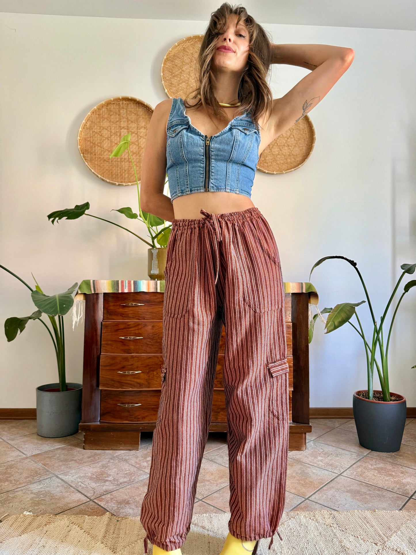 1990’s vintage chocolate brown and pink stripe woven wide leg trousers