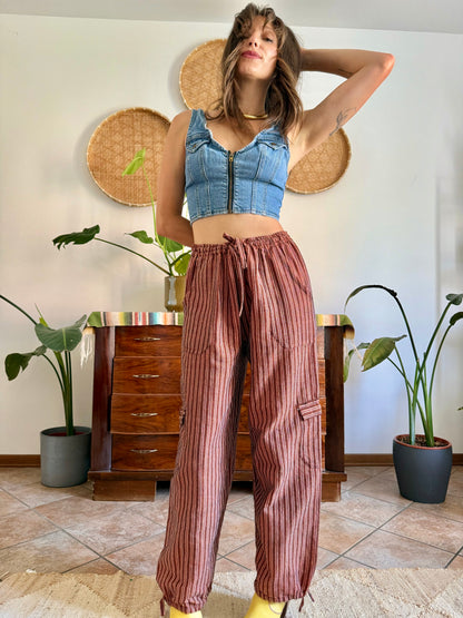 1990’s vintage chocolate brown and pink stripe woven wide leg trousers
