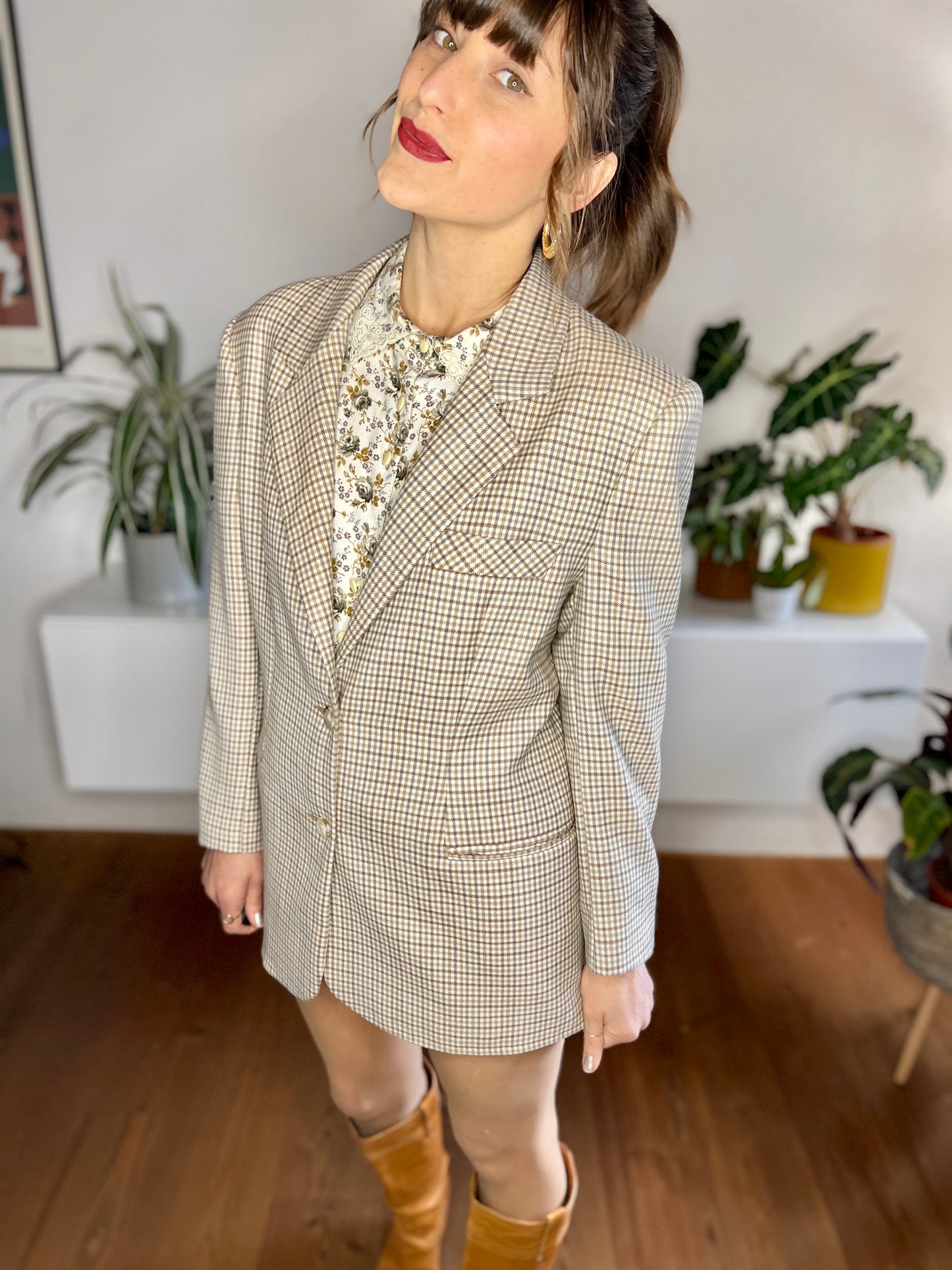 1970's vintage cream, blue and tan oversize plaid wool blazer