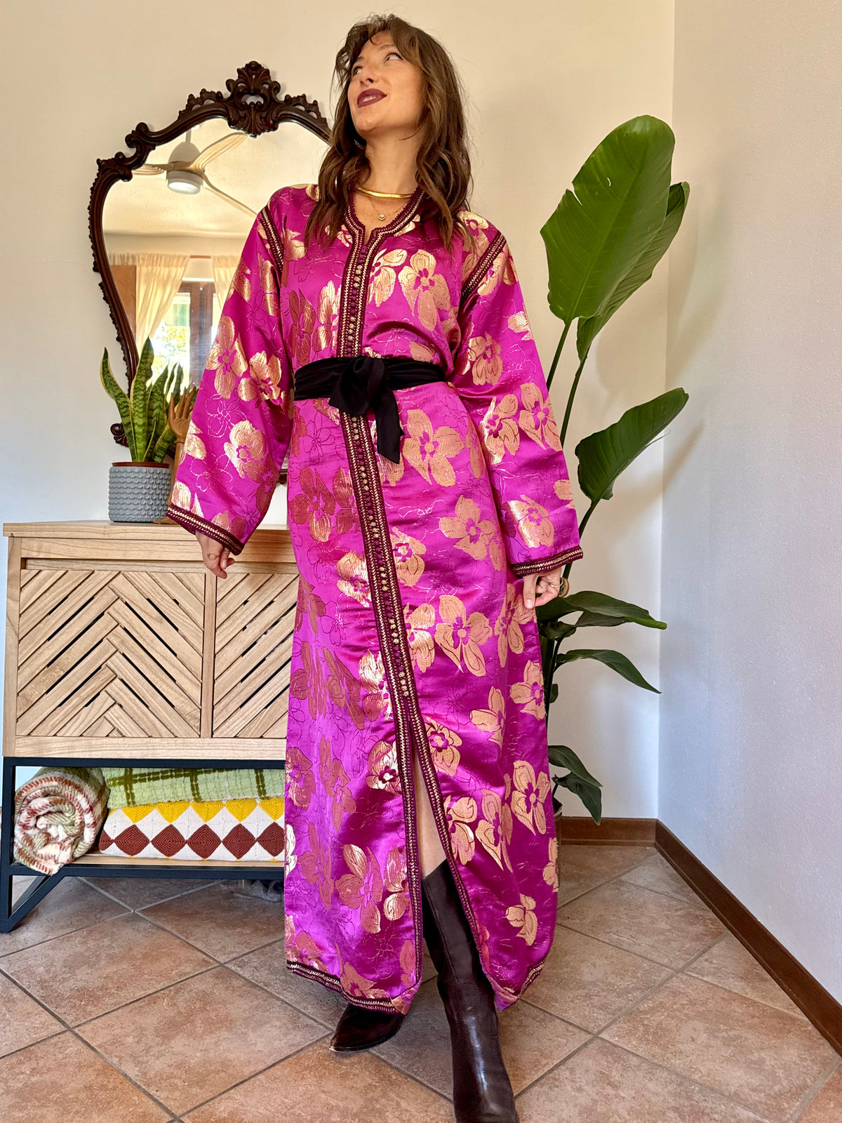 1970’s vintage fuchsia and gold floral weave brocade satin maxi dress
