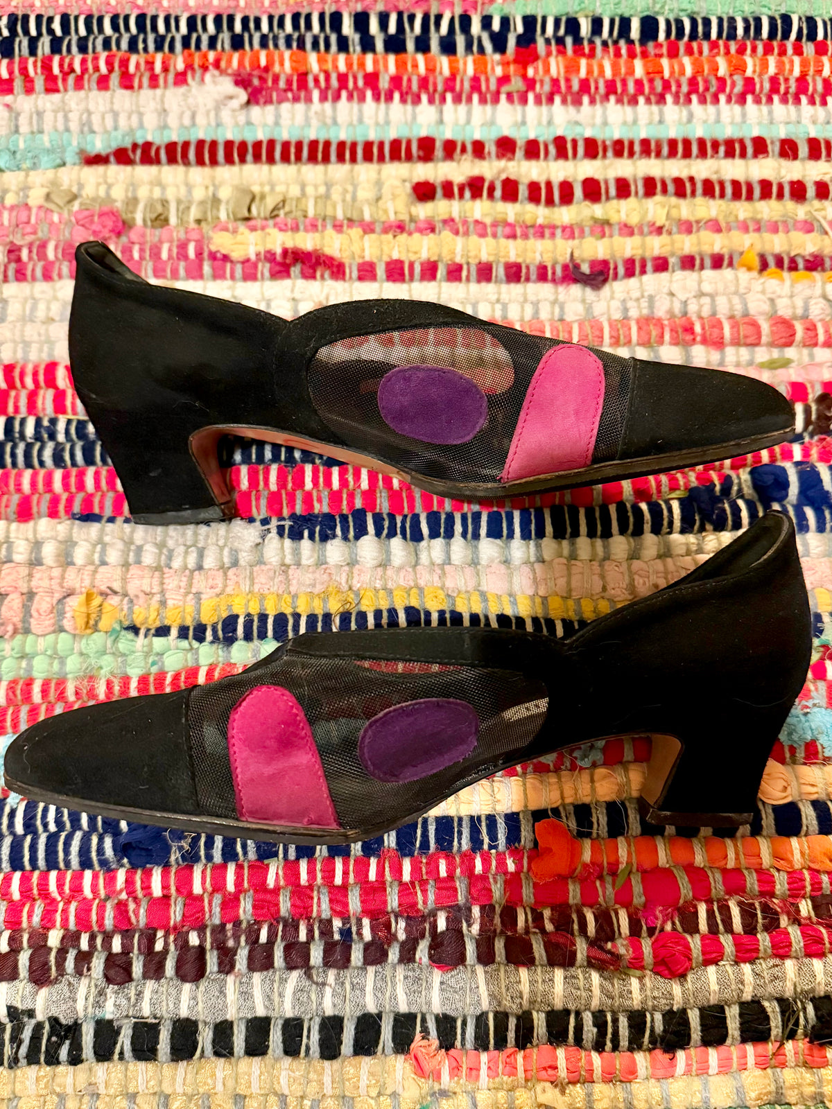 1960’s vintage black suede and mesh heels with polkadot detailing
