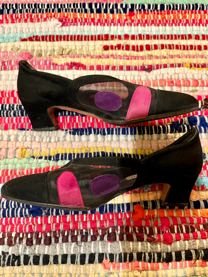 1960’s vintage black suede and mesh heels with polkadot detailing
