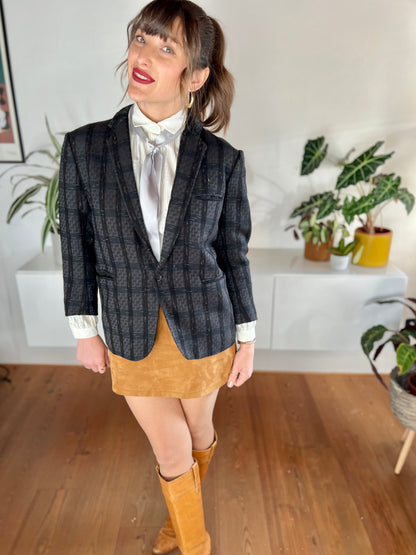 1970's black and blue tailored wool plaid blazer