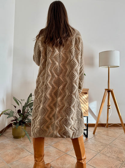 1970's vintage beige and cream chevron knit wool button down midi dress