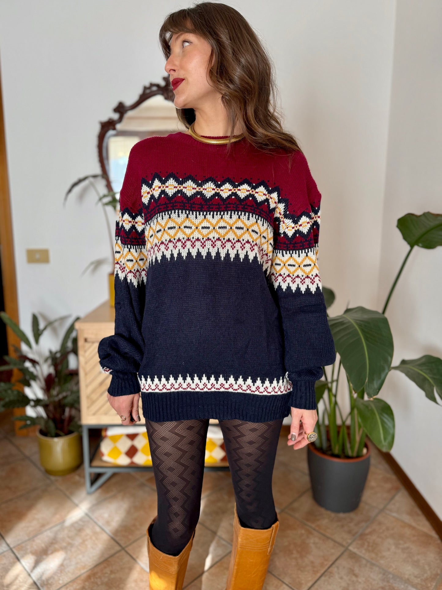 1980's vintage burgundy, navy and mustard yellow knit pullover dress