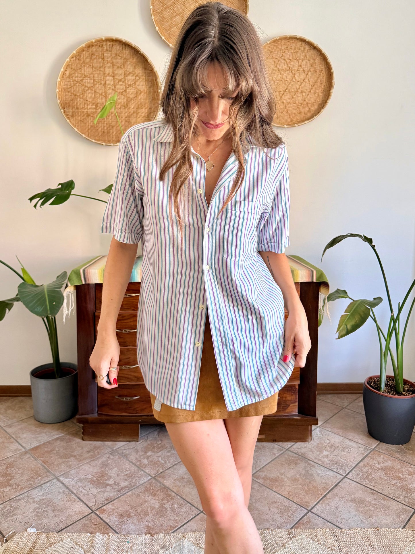 1970’s vintage lavender, turquoise and cream vertical stripe shirt