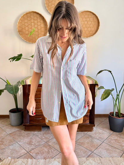 1970’s vintage lavender, turquoise and cream vertical stripe shirt