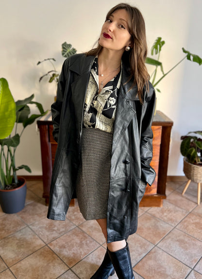 1980's vintage oversize black leather jacket with asymmetrical buttons