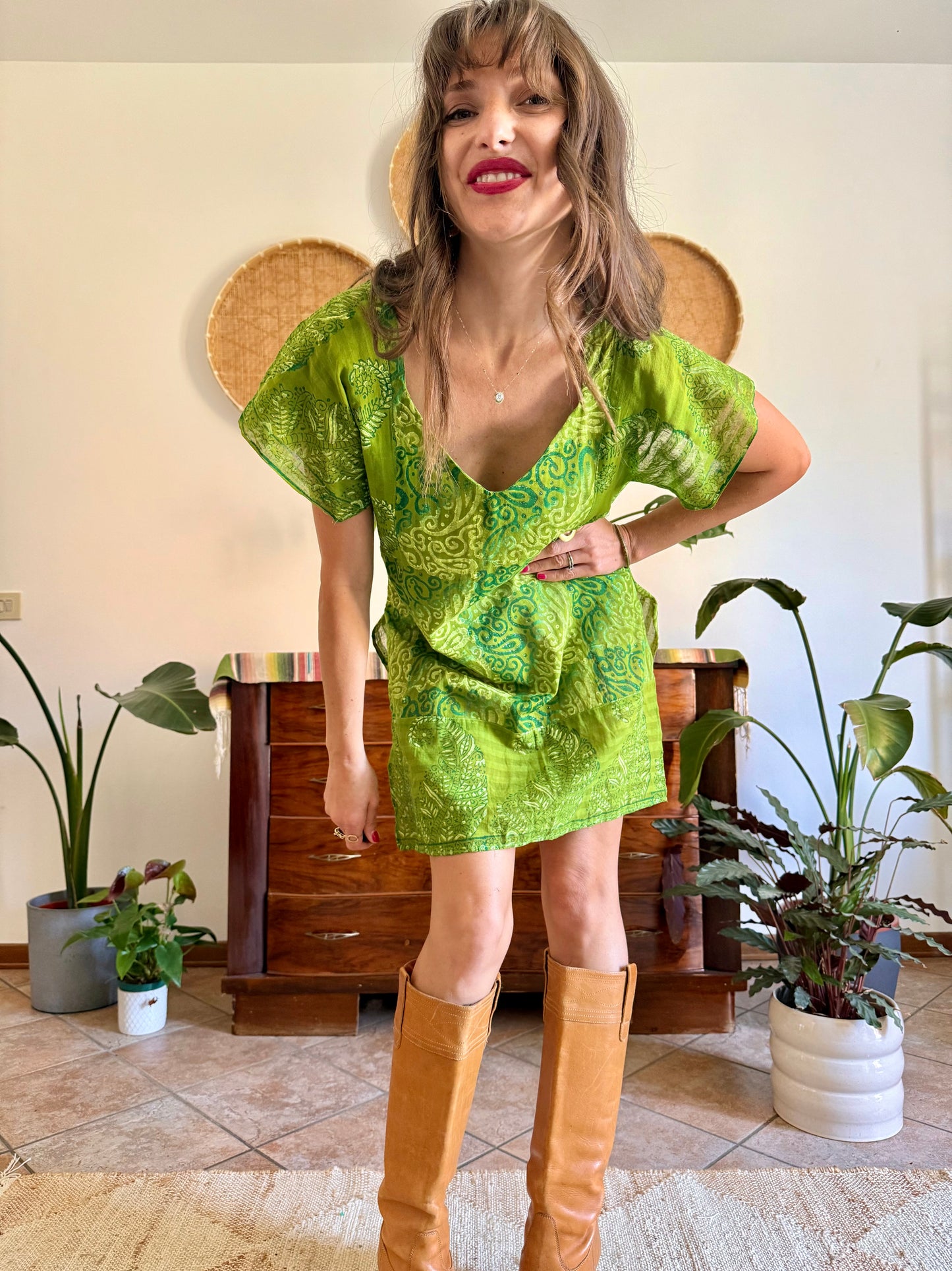 1970’s vintage mutitonal green hand block printed mini dress