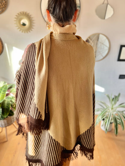 1970's vintage hand knit tan and chocolate brown geometric knit poncho with fringe detail